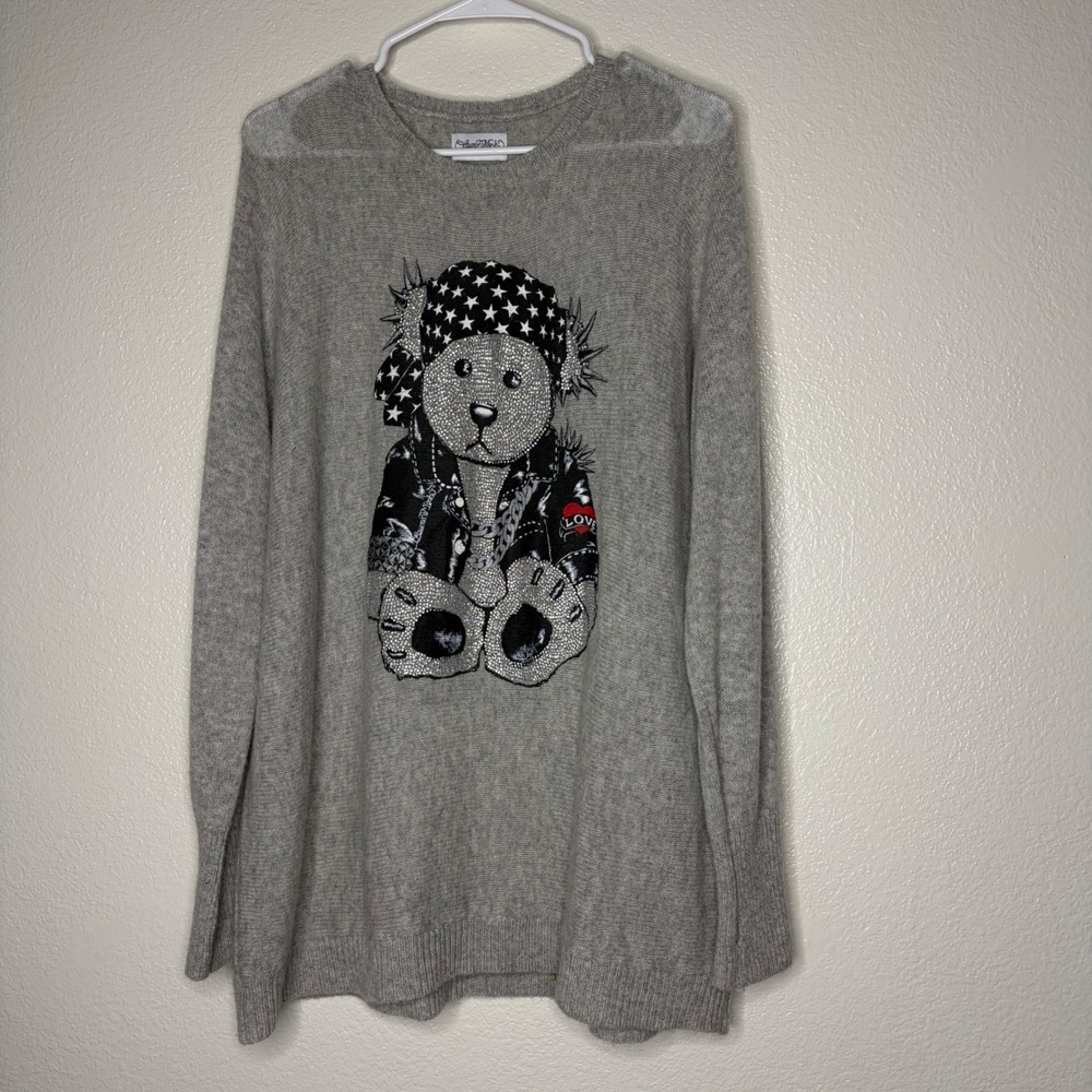 Lauren Moshi Cashmere Teddy Bear Rhinestone Graphic Sweater Gray Large